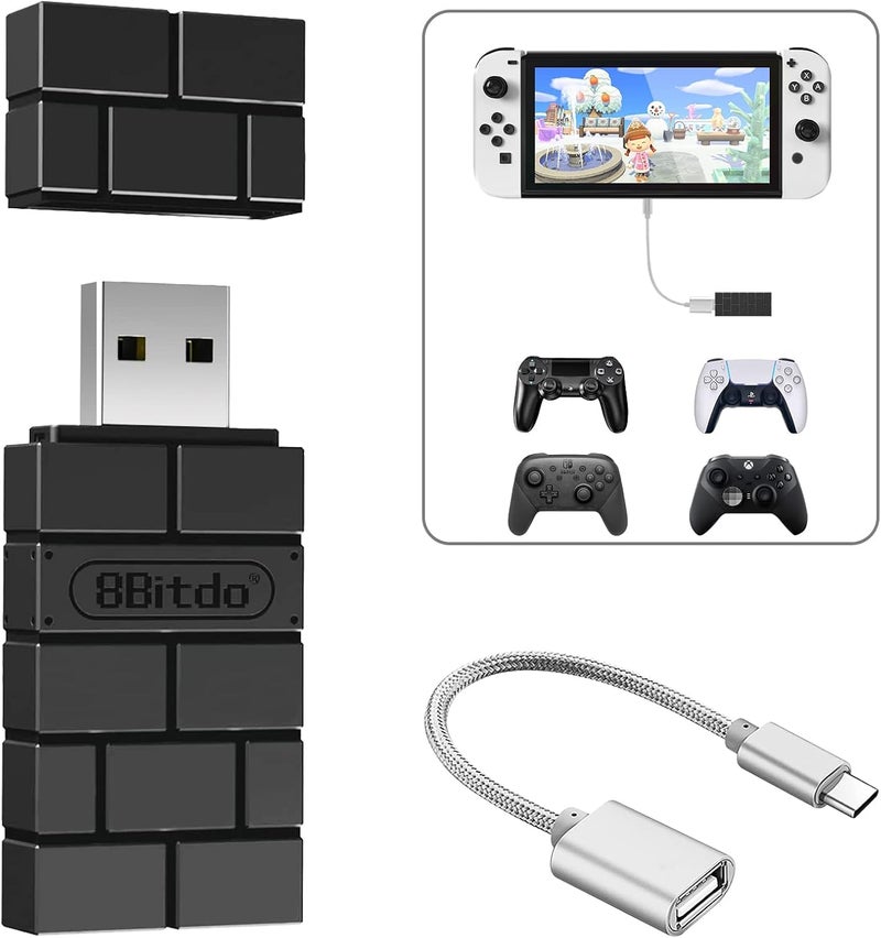 AKNES محول وحدة التحكم اللاسلكية USB 8BitDo 2 لمحول Switch 2/Switch/Switch OLED، Steam Deck، Windows، macOS، وحدة تحكم PS5/PS4/PS3، وحدة تحكم Xbox Series X/S، كابل OTG لوحدة التحكم Bluetooth - Image 1